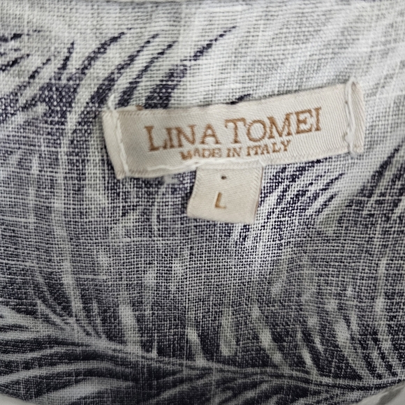 Lina Tomei Chic Monochrome Feather Print Italian Linen Midi Dress - Picture 3 of 3